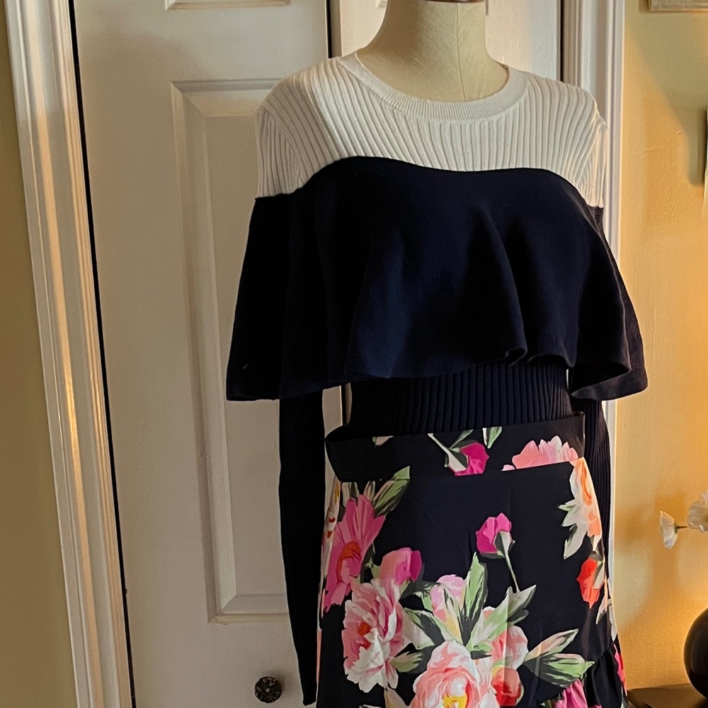 Alceé Off White and Navy Peplum Long Sleeved Top